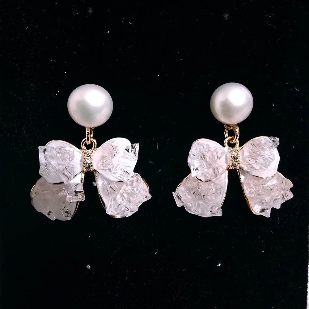 S925 Needle‎ Freshwater Pearl Gradient Light Pink Iced Crystal Butterly Earrings
